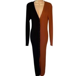 STAUD Shoko Colorblock Midi Dress Large Black Brown Sweater Minimalist Flaw